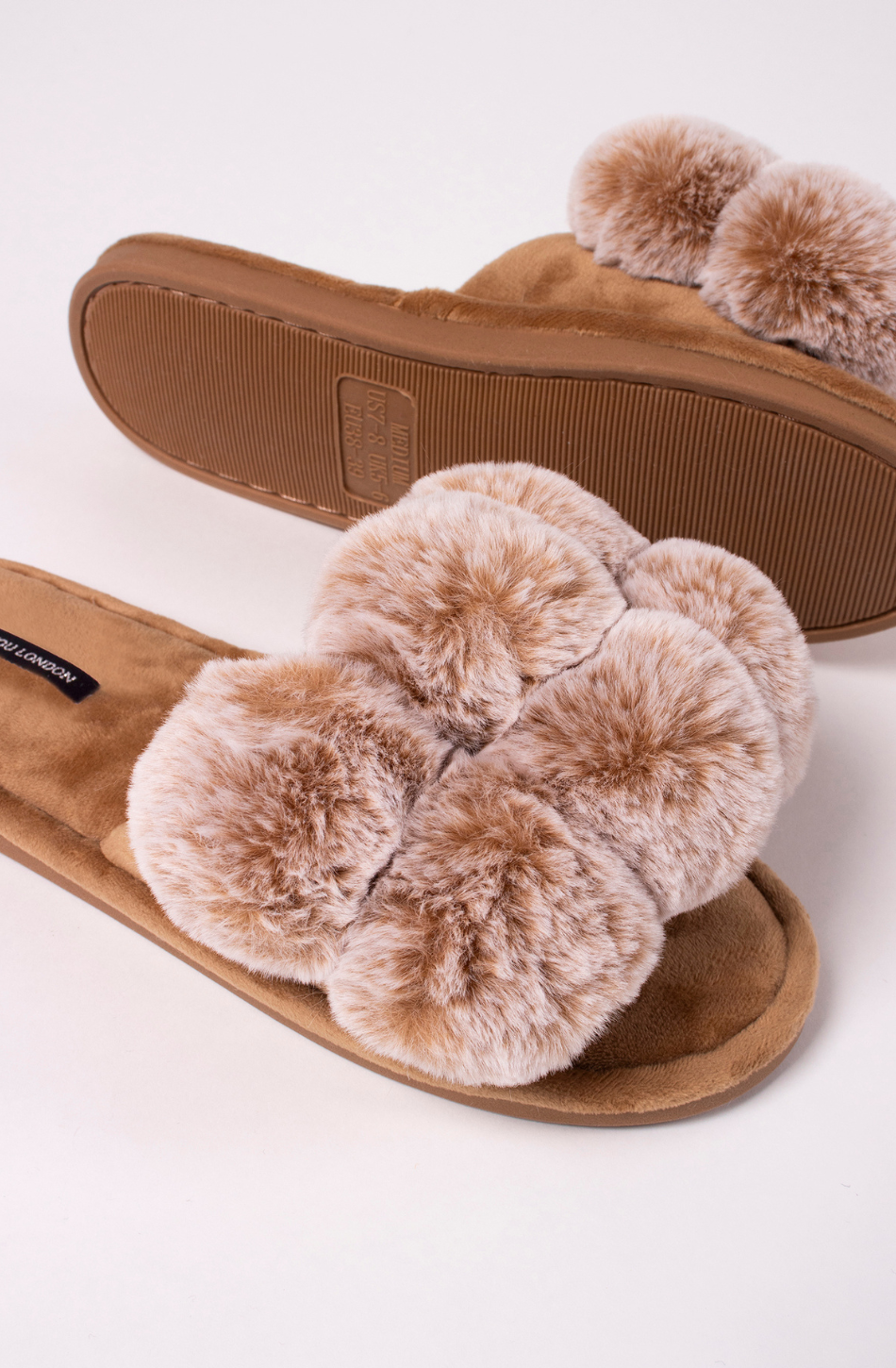 Oversized Pom Pom Slider Slipper - Caramel - Filli London