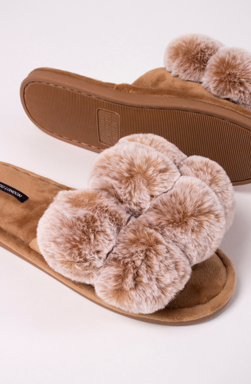 Oversized Pom Pom Slider Slipper - Caramel - Filli London