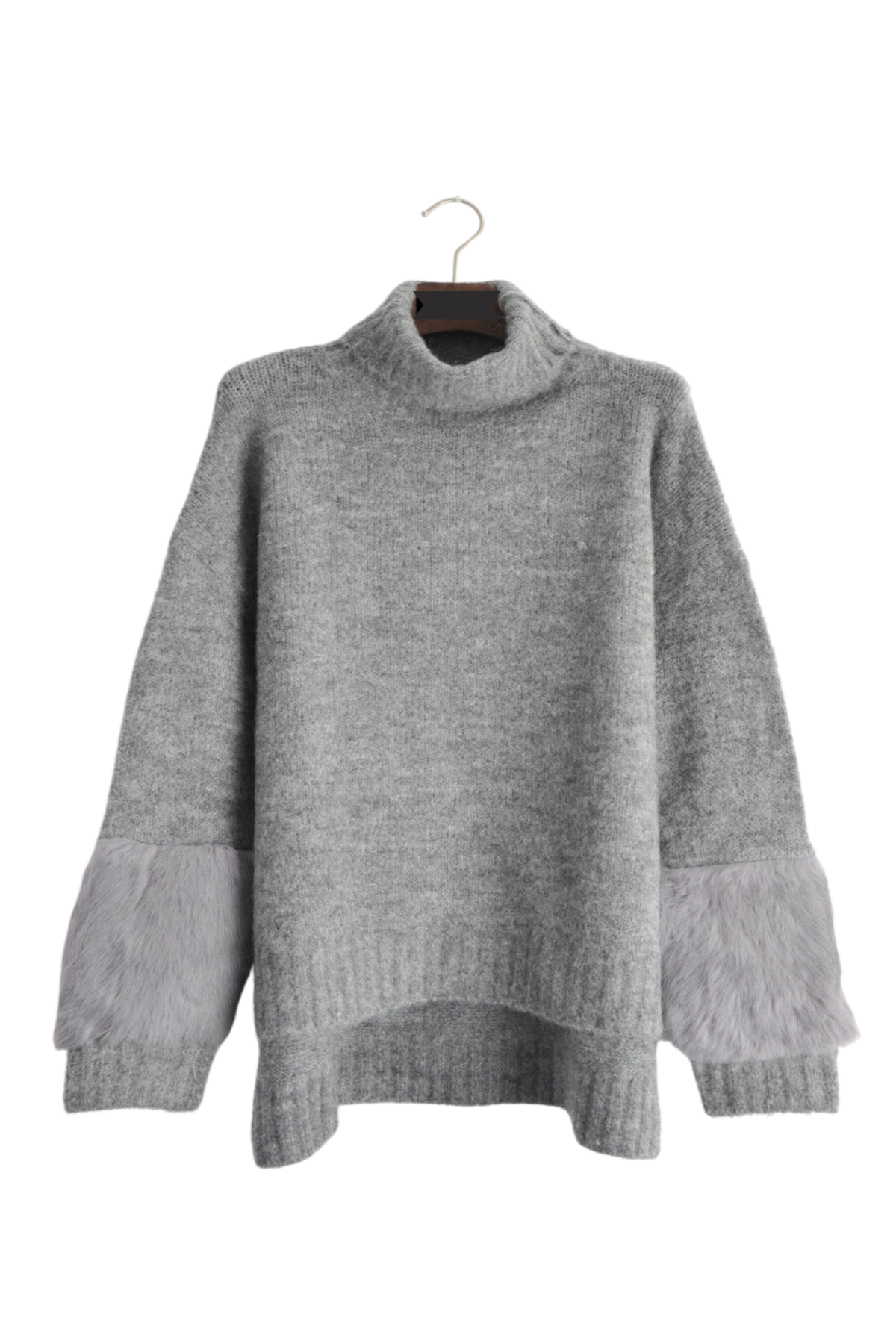 High Neck Luxury Fur Trim Tunic Jumper In Grey Filli London