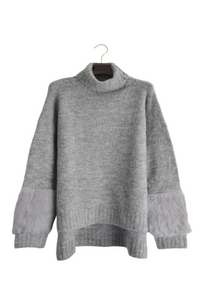 High Neck Tunic Jumper With Fur Sleeve Detail In Grey - Filli London
