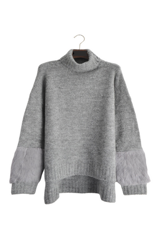 High Neck Tunic Jumper With Fur Sleeve Detail In Grey - Filli London