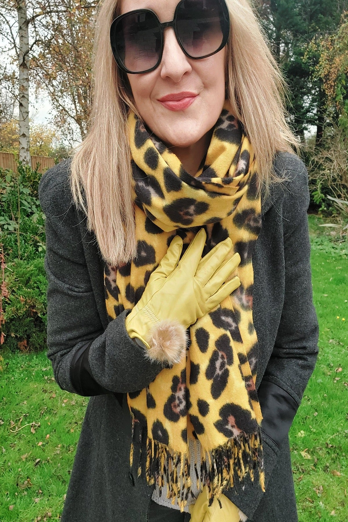 Warm Leopard Wool Scarf with Tassels In Mustard - Filli London