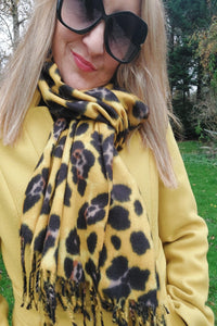 Warm Leopard Wool Scarf with Tassels In Mustard - Filli London