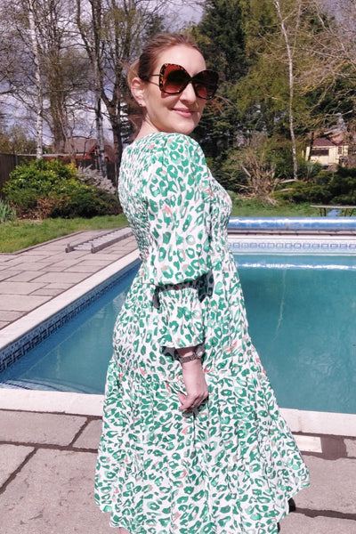 Animal Print Long Sleeved Midi Spring Dress In Green - Filli London