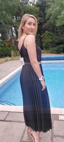 Gigi Pleated Satin Cami Maxi Dress With Gold Belt In Black - Filli London