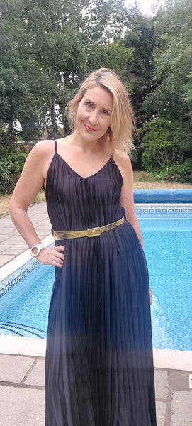 Gigi Pleated Satin Cami Maxi Dress With Gold Belt In Black - Filli London