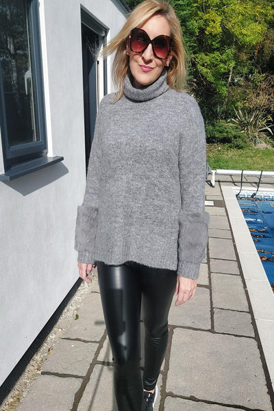 Funnel Neck Jumper With Fur Sleeve Detail In Grey - Filli London