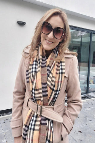 Large Checked Soft Touch Tassel Scarf In Camel - Filli London