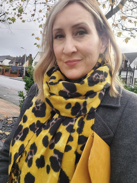 Warm Leopard Wool Scarf with Tassels In Mustard - Filli London