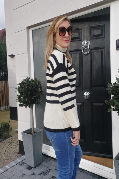 High Neck Breton Stripe Jumper - Cream and Black - Filli London