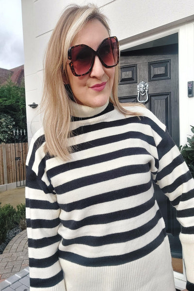 High Neck Breton Stripe Jumper - Cream and Black - Filli London