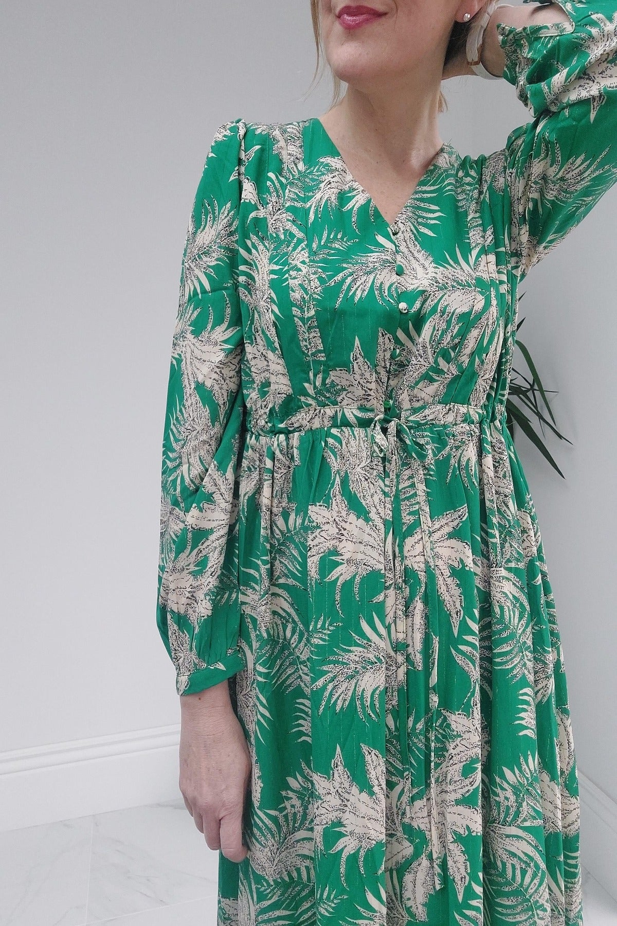 Tropical Palm Leaf Print Dress In Green With Gold Thread - Filli London