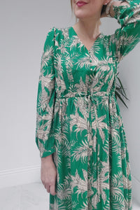 Tropical Palm Leaf Print Dress In Green With Gold Thread - Filli London