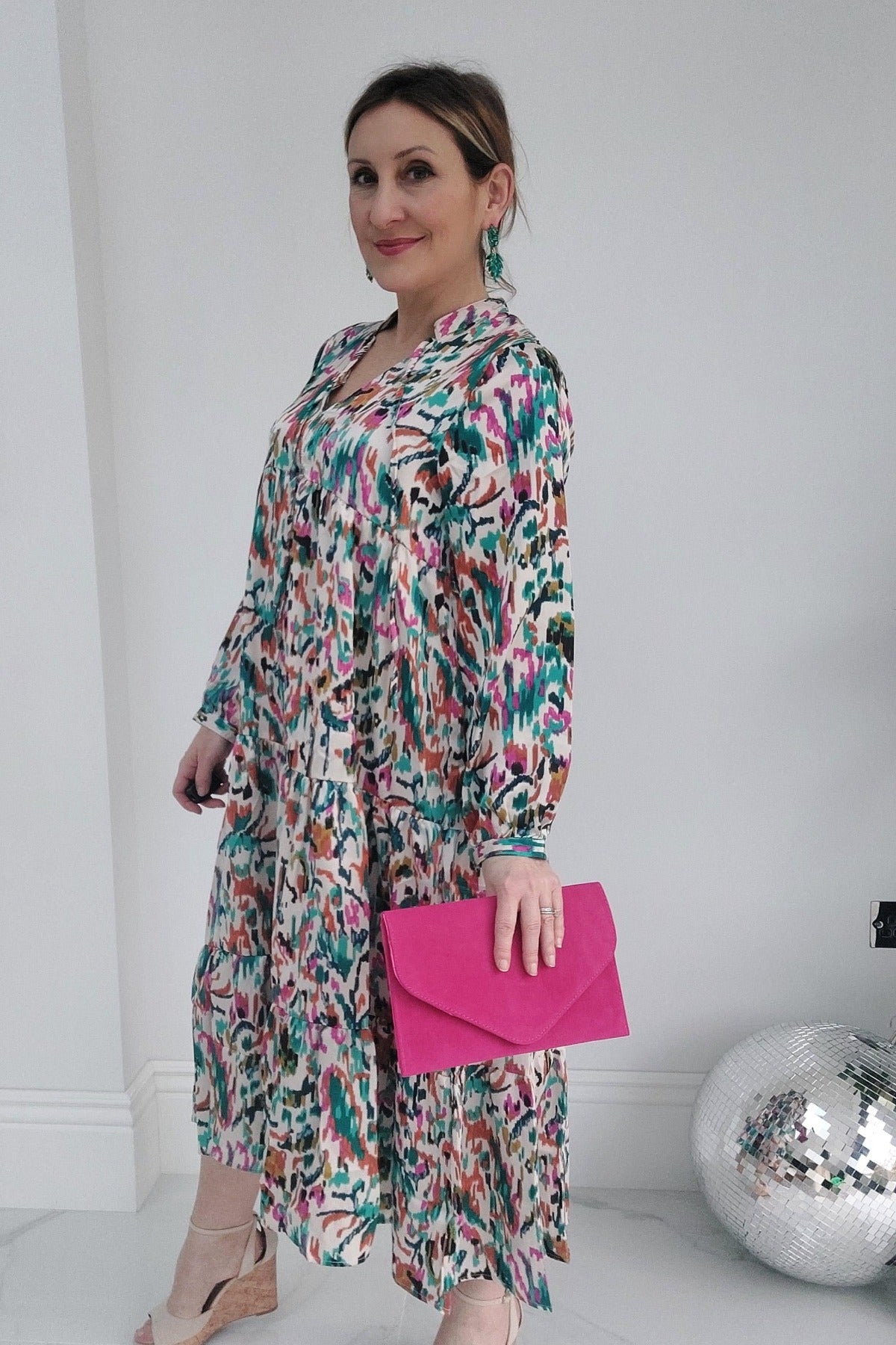 Long Sleeved Satin Print Midi Dress Multi - Filli London