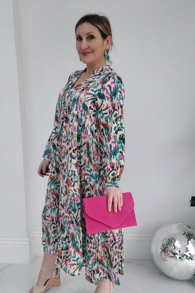Long Sleeved Satin Print Midi Dress Multi - Filli London