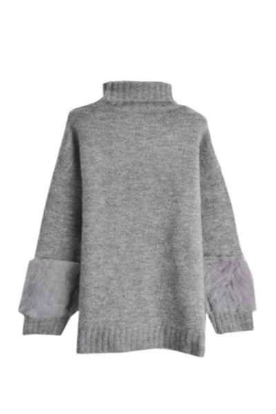 High Neck Tunic Jumper With Fur Sleeve Detail In Grey - Filli London