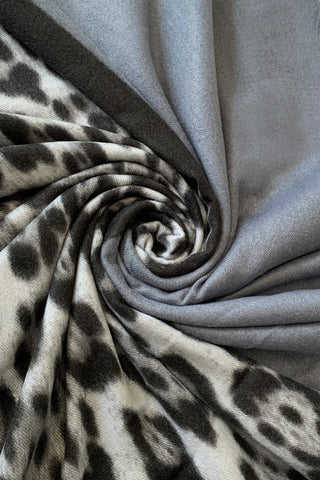Block Colour Leopard Print Wool Tassel Edge Scarf In Grey - Filli London