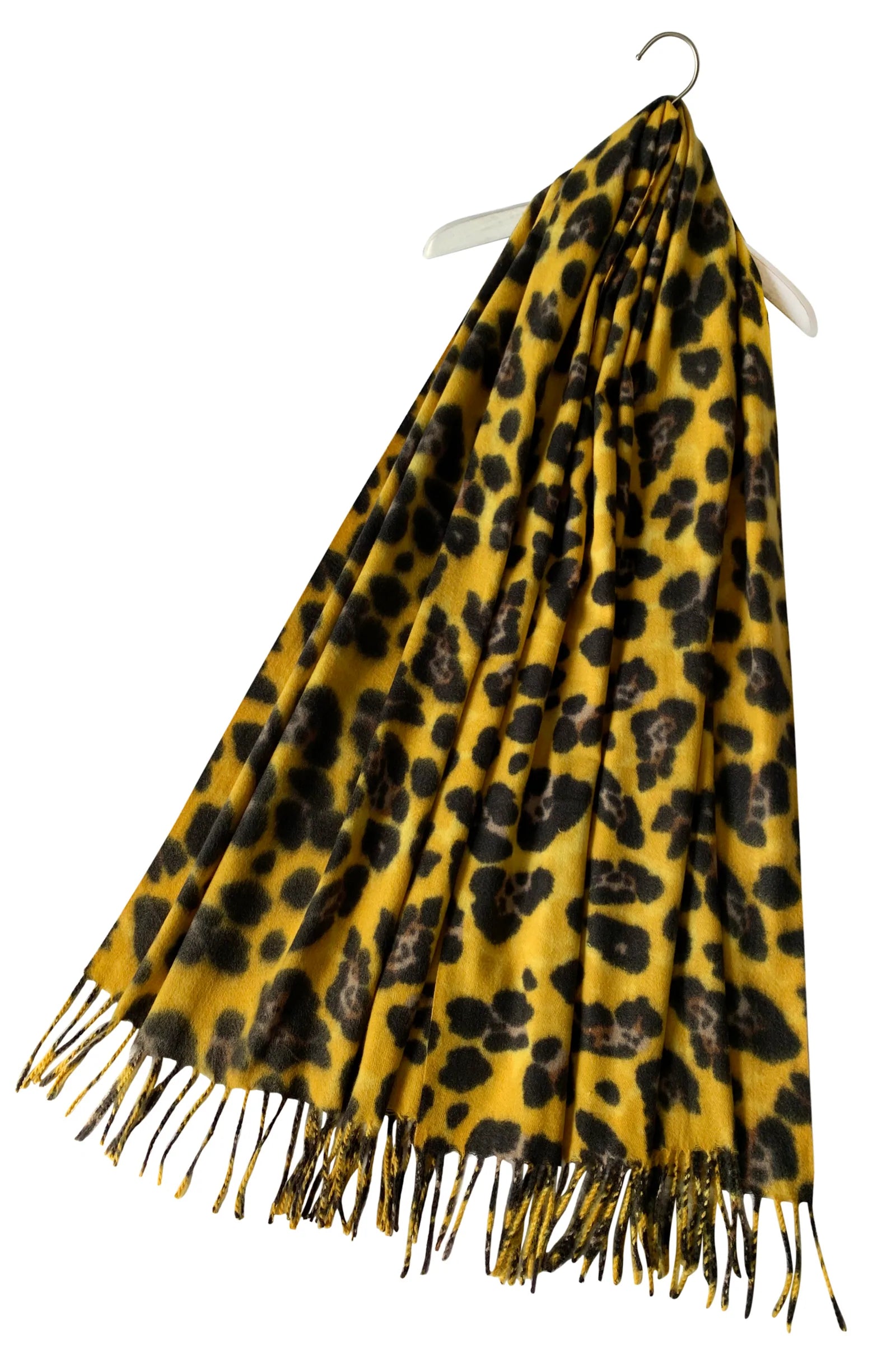 Warm Leopard Wool Scarf with Tassels In Mustard - Filli London