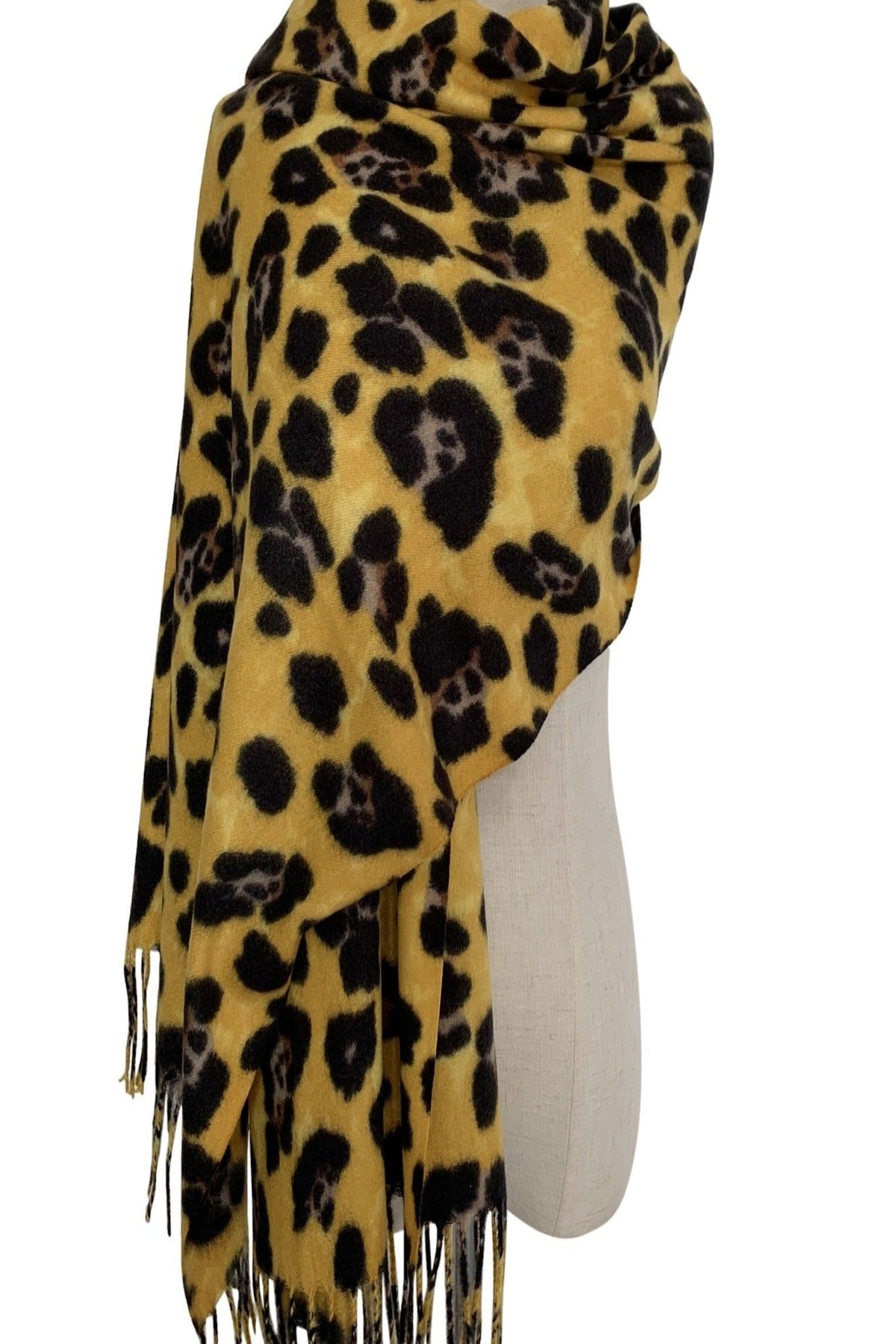 Warm Leopard Wool Scarf with Tassels - Mustard - Filli London