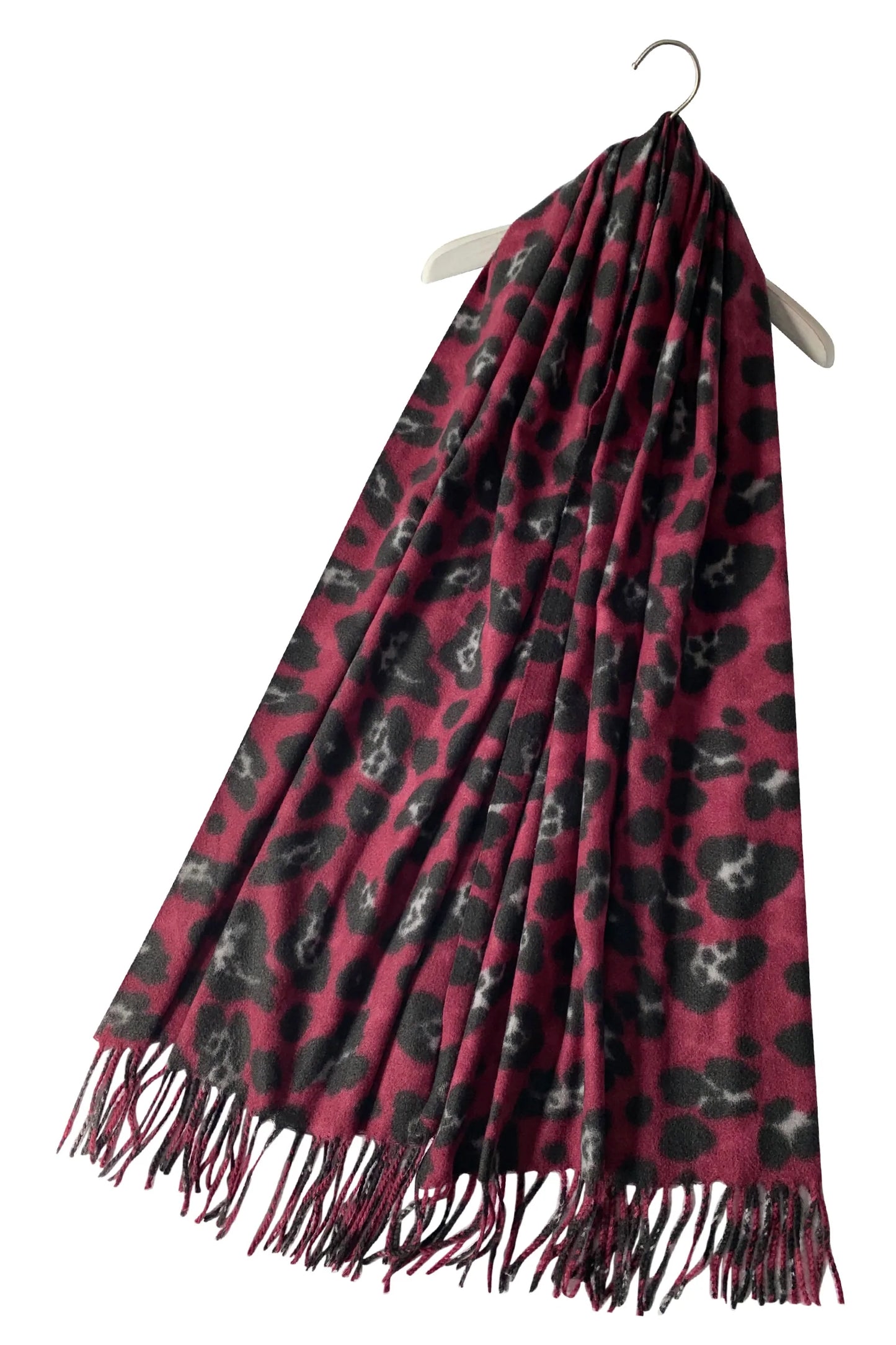 Warm Leopard Wool Scarf with Tassels In Magenta - Filli London