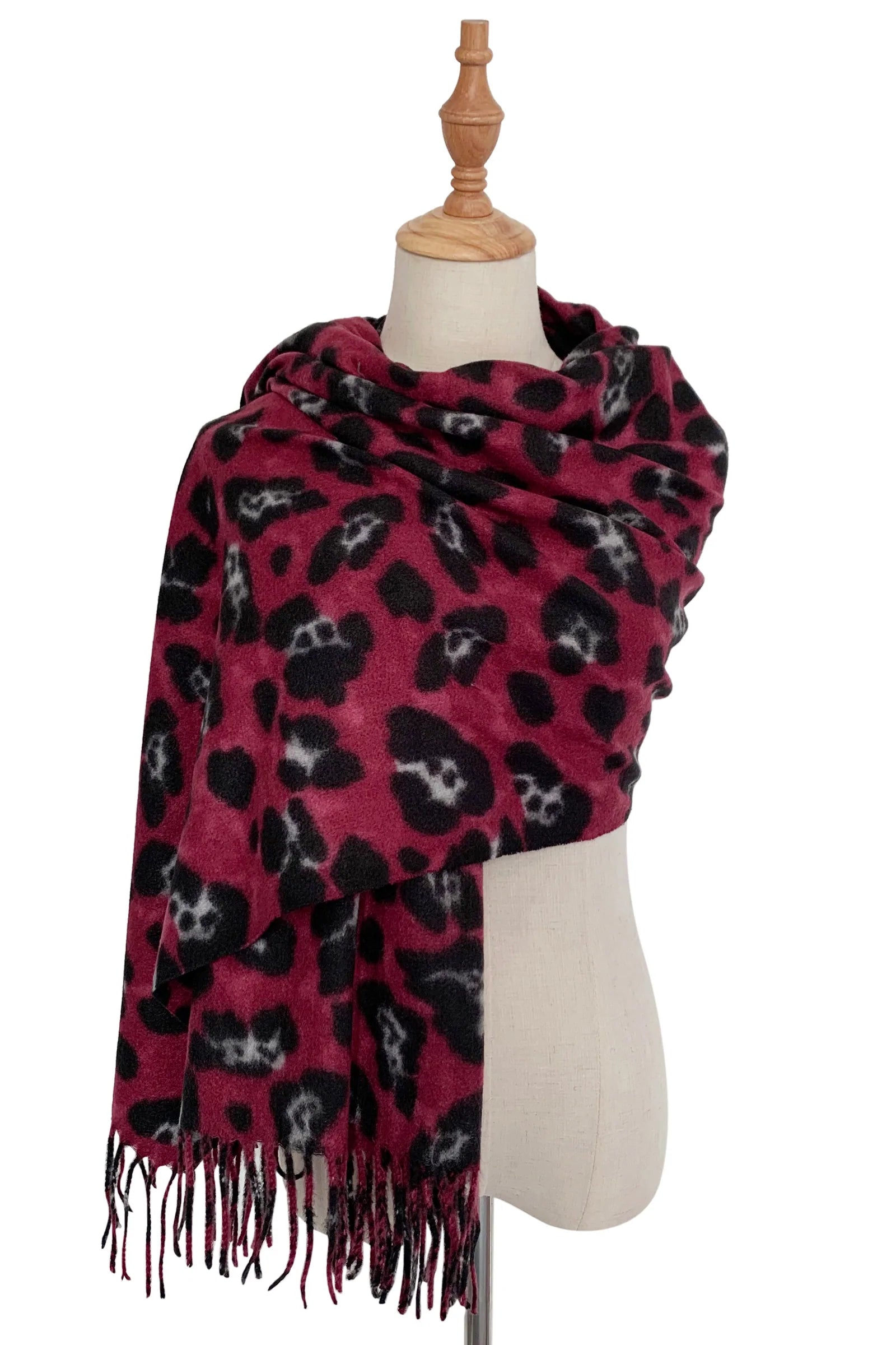 Warm Leopard Wool Scarf with Tassels In Magenta - Filli London