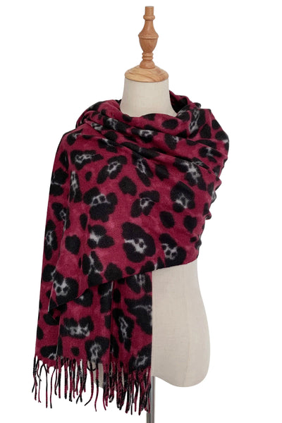 Warm Leopard Wool Scarf with Tassels In Magenta - Filli London