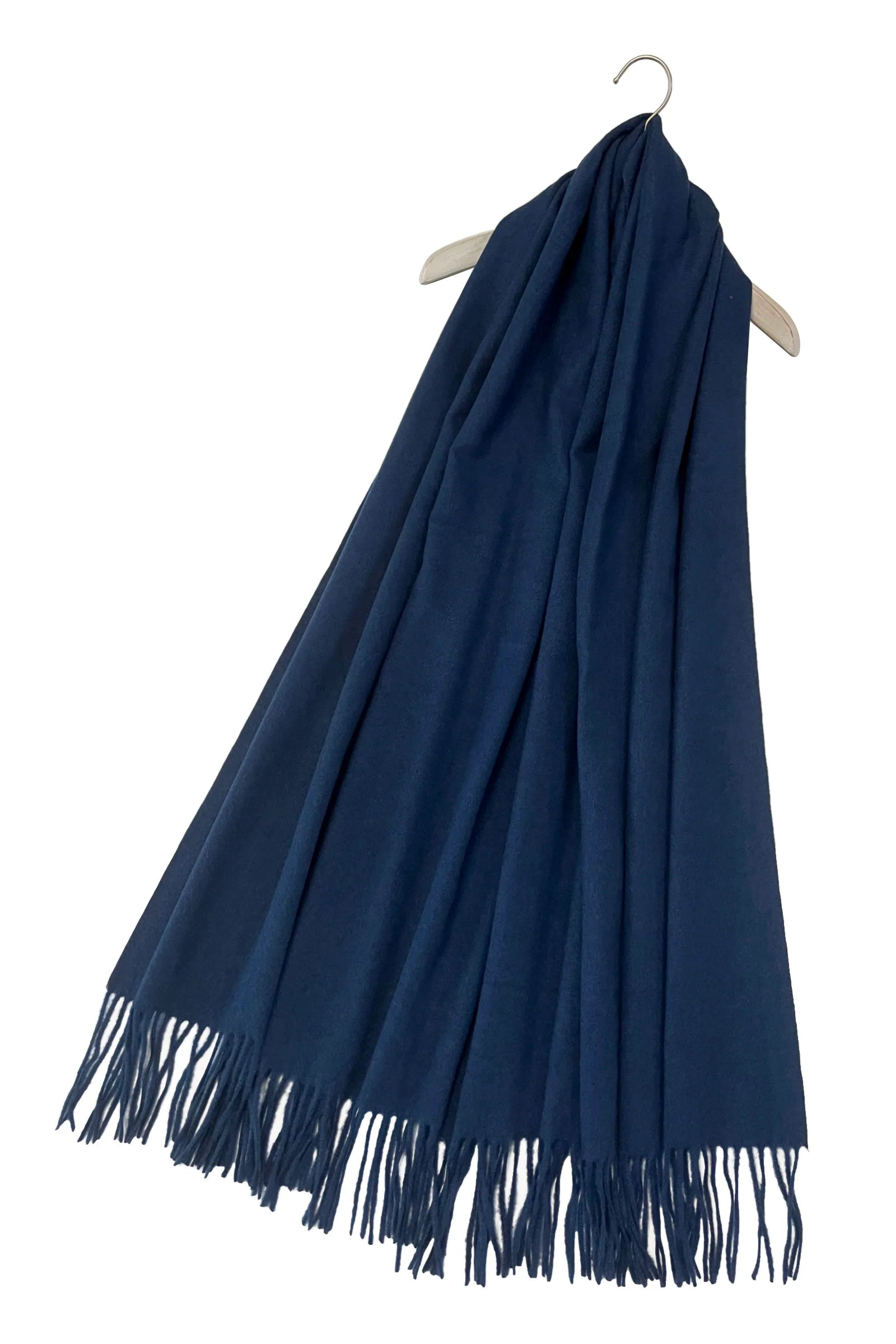 Plain Soft Wool Tassel Blanket Wrap Scarf In Navy Blue - Filli London