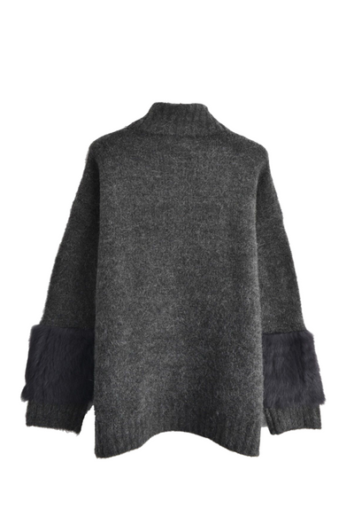 High Neck Tunic Jumper With Fur Sleeve Detail In Charcoal - Filli London