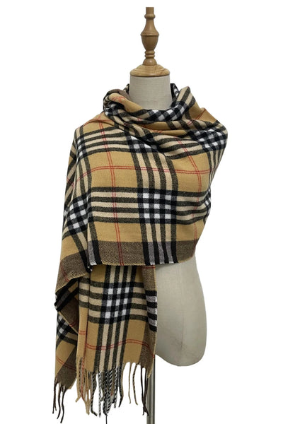 Large Checked Soft Touch Tassel Scarf In Camel - Filli London