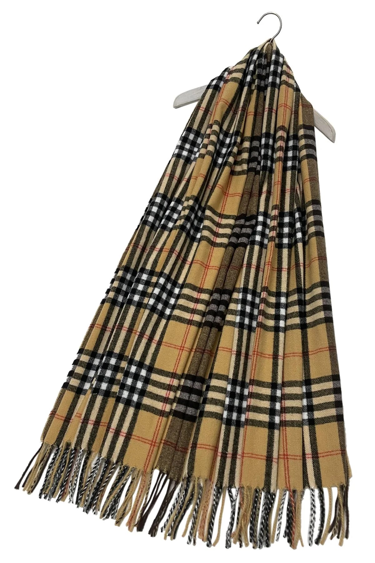 Large Checked Soft Touch Tassel Scarf In Camel - Filli London