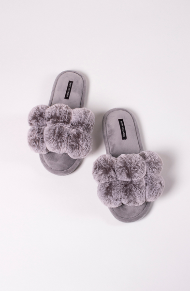 Oversized Pom Pom Slider Slipper - Grey - Filli London