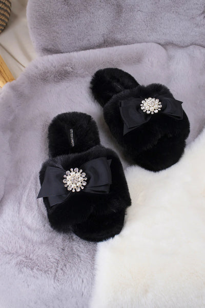 Glamour Puss jewel bow embellished Faux Fur Slippers in Black - Filli London