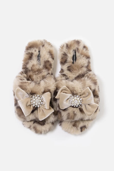 Glamour Puss jewel bow embellished Faux Fur Slippers in Leopard - Filli London