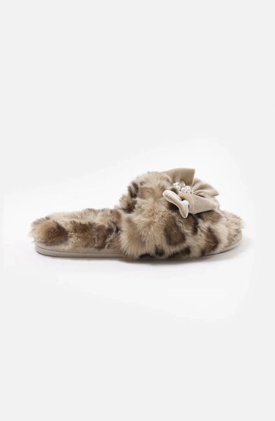 Glamour Puss jewel bow embellished Faux Fur Slippers in Leopard - Filli London