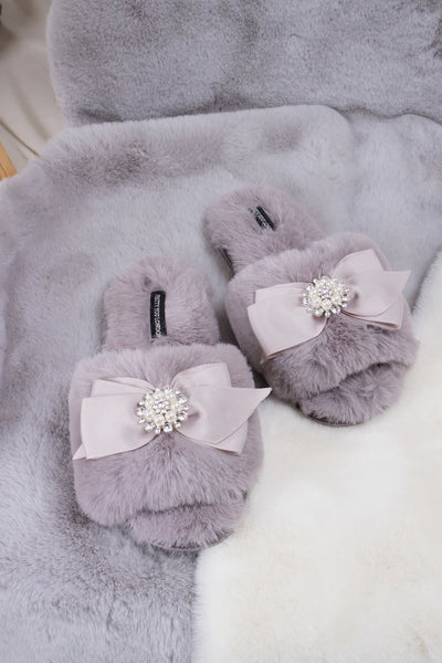 Glamour Puss jewel bow embellished Faux Fur Slippers in Mink - Filli London