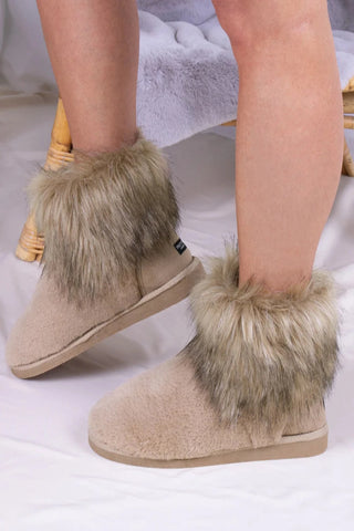 Ana Fur Tipped Ankle Boot Slippers In Camel - Filli London