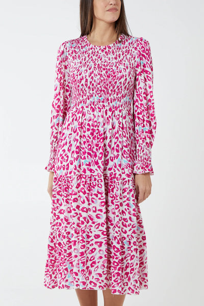 Animal Print Long Sleeved Midi Spring Blaise Dress In Pink - Filli London