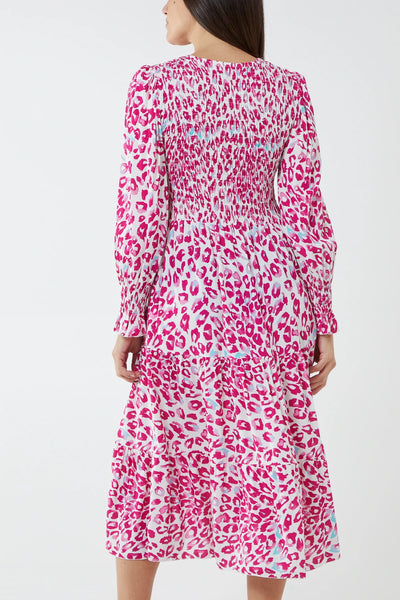 Animal Print Long Sleeved Midi Spring Dress In Pink - Filli London