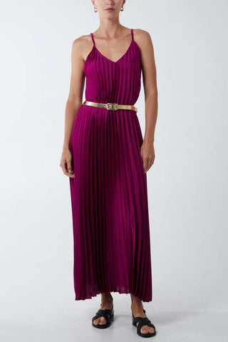Gigi Pleated Satin Cami Maxi Dress With Gold Belt In Mulberry - Filli London