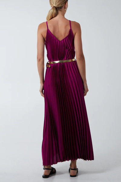 Gigi Pleated Satin Cami Maxi Dress With Gold Belt In Mulberry - Filli London