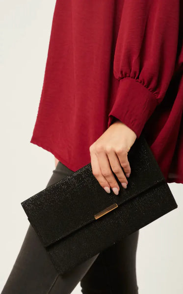 Essentials Glitter Envelope Clutch Bag In Black - Filli London