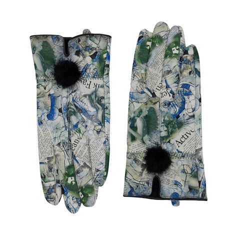 Green Newsprint Leather Gloves - Filli London