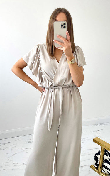 Ruffle Detail Wide Leg Jumpsuit in Biege - Filli London