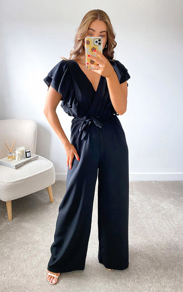 Ruffle Detail Wide Leg Jumpsuit in Black - Filli London