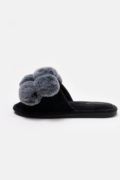 Oversized Pom Pom Slider Slipper - Black - Filli London