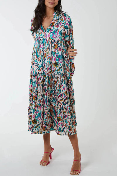 Long Sleeved Satin Print Midi Dress Multi - Filli London