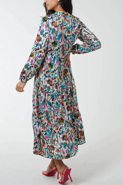 Long Sleeved Satin Print Midi Dress Multi - Filli London